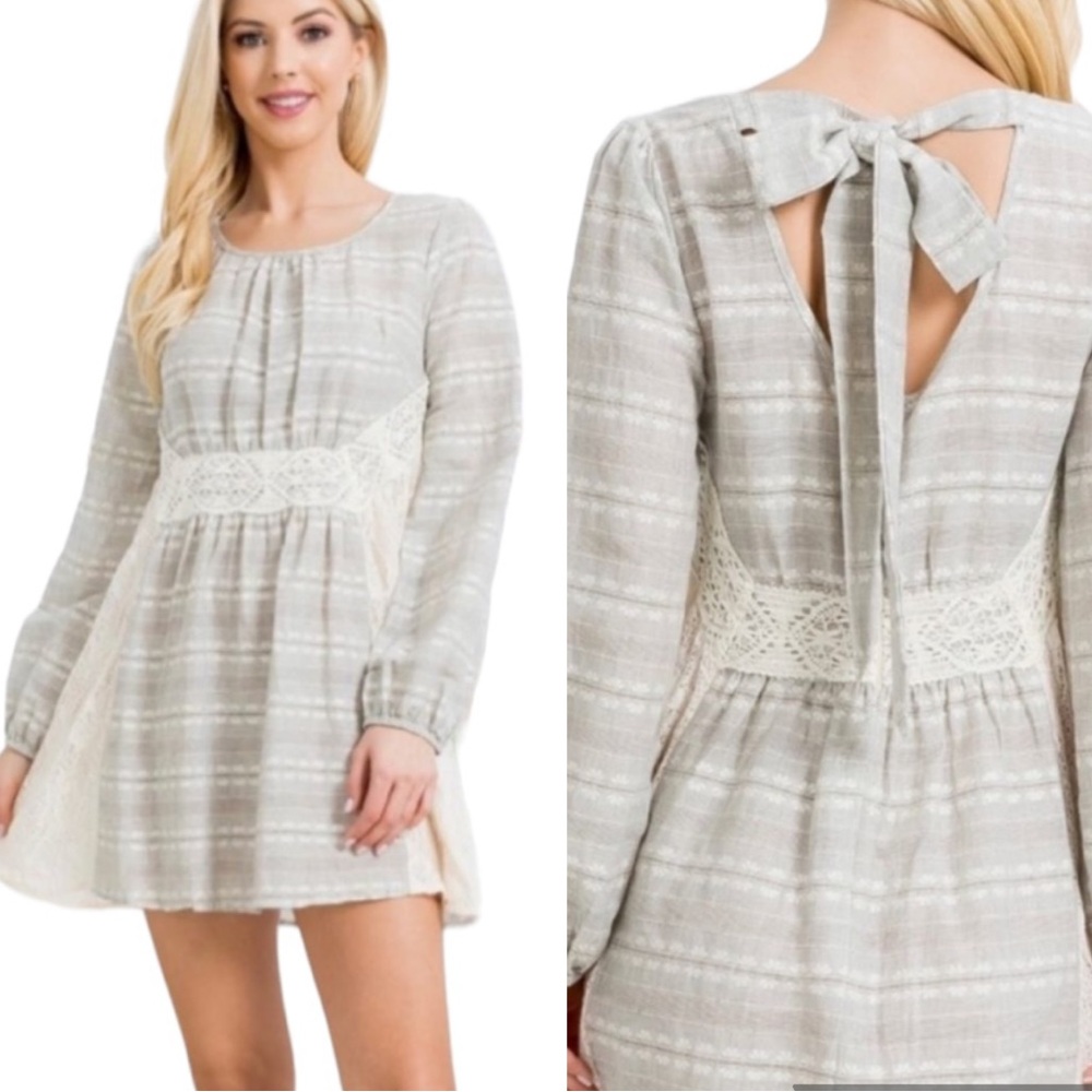 NWT Ryu Anthropologie Gray Cream Lace Bow Detail Tie Back Cutout Mini Dress - S